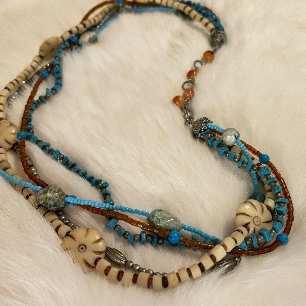 Western Necklace Natural Stone Carved Flower Festival Coastal Boho Hippie 5361 - Picture 6 of 8